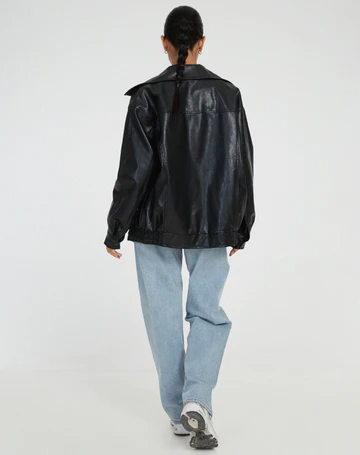 Women's Oversized Leather Jacket with Collar - 6