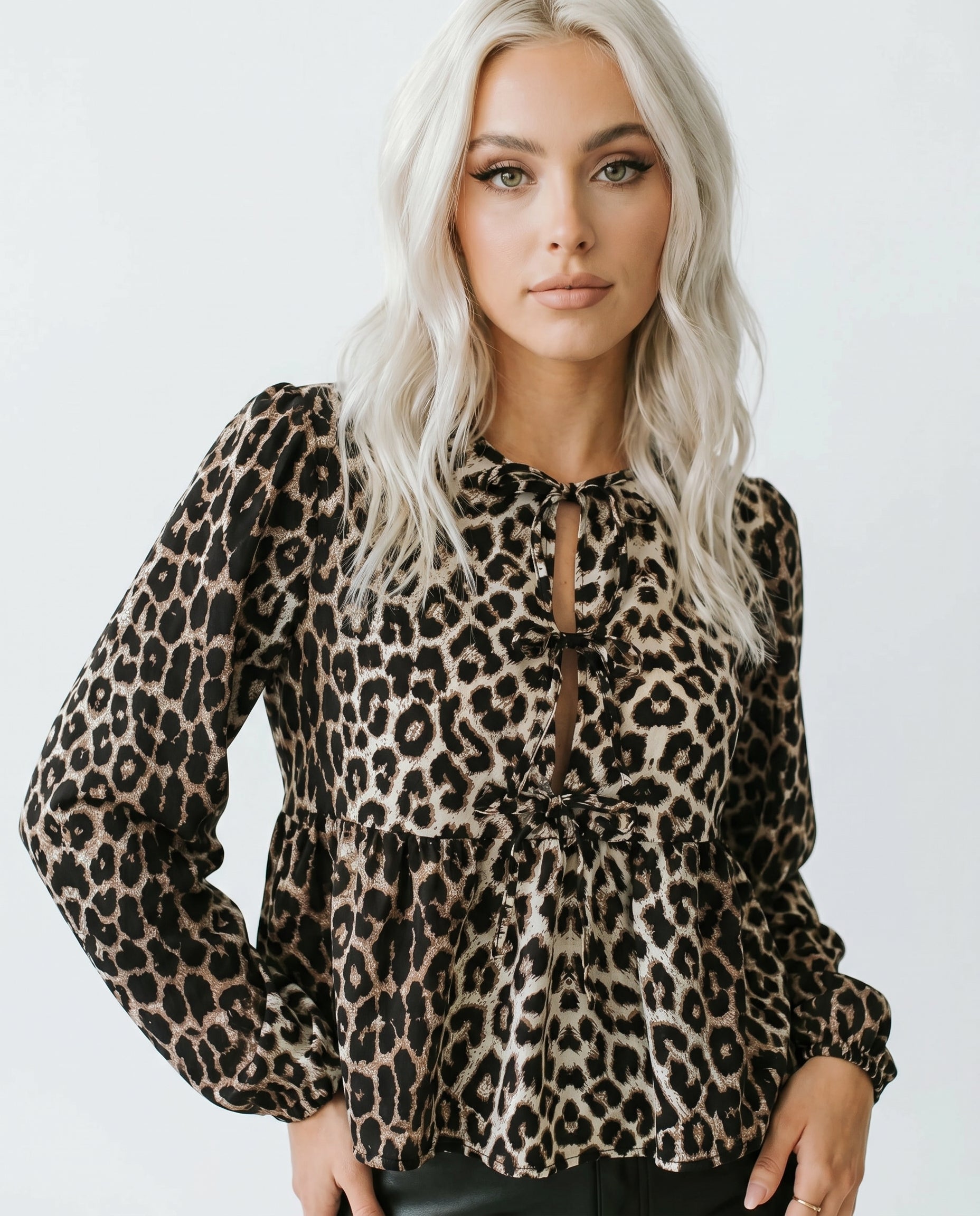 Women's Blouse with Leopard Print and Tie Front - 4