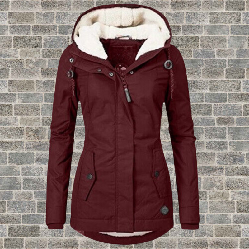 Women's Hooded Winter Coat with Fleece Lining and Fitted Cut - Wine Red