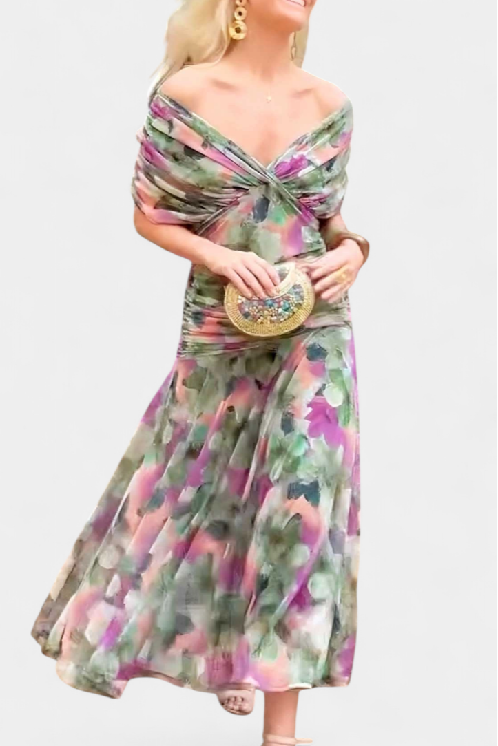 Women's Off-Shoulder Ruched Floral Midi Dress with Flowing Skirt - 10