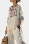 Women's Embroidered Blouse and Wide-Leg Trousers Set - Floral