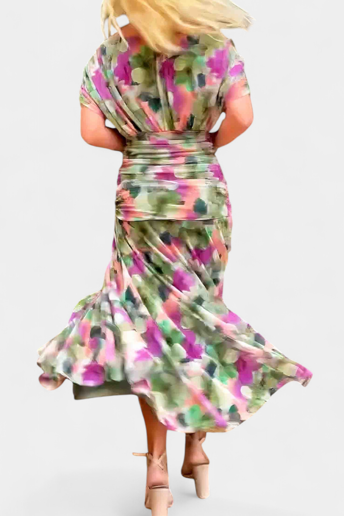 Women's Off-Shoulder Ruched Floral Midi Dress with Flowing Skirt - 11