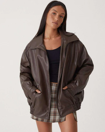 Women's Oversized Leather Jacket with Collar - Brown