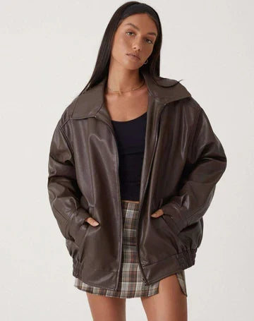 Women's Oversized Leather Jacket with Collar - 10