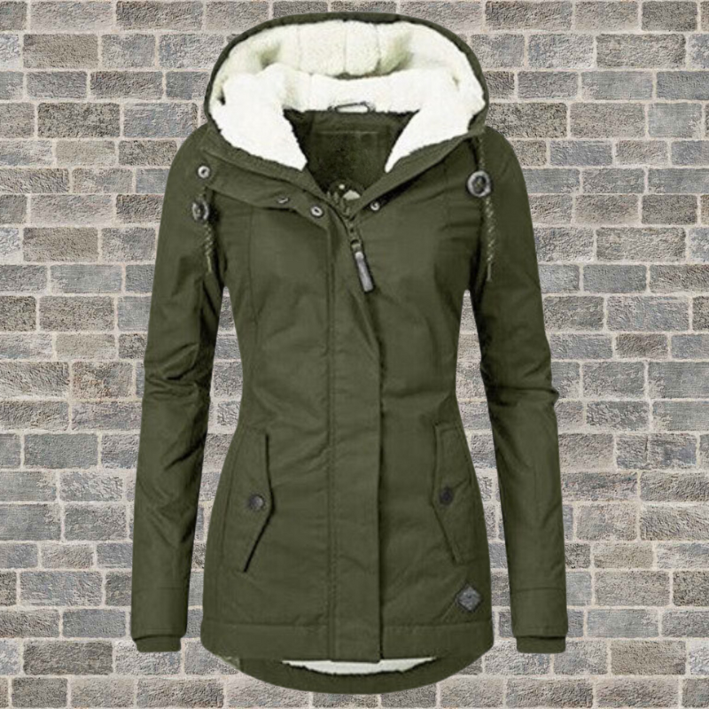 Women's Hooded Winter Coat with Fleece Lining and Fitted Cut - Olive Green