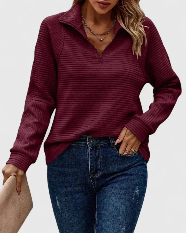 Women's Jumper Long Sleeve with Zip Collar and Ribbed Texture - Burgundy
