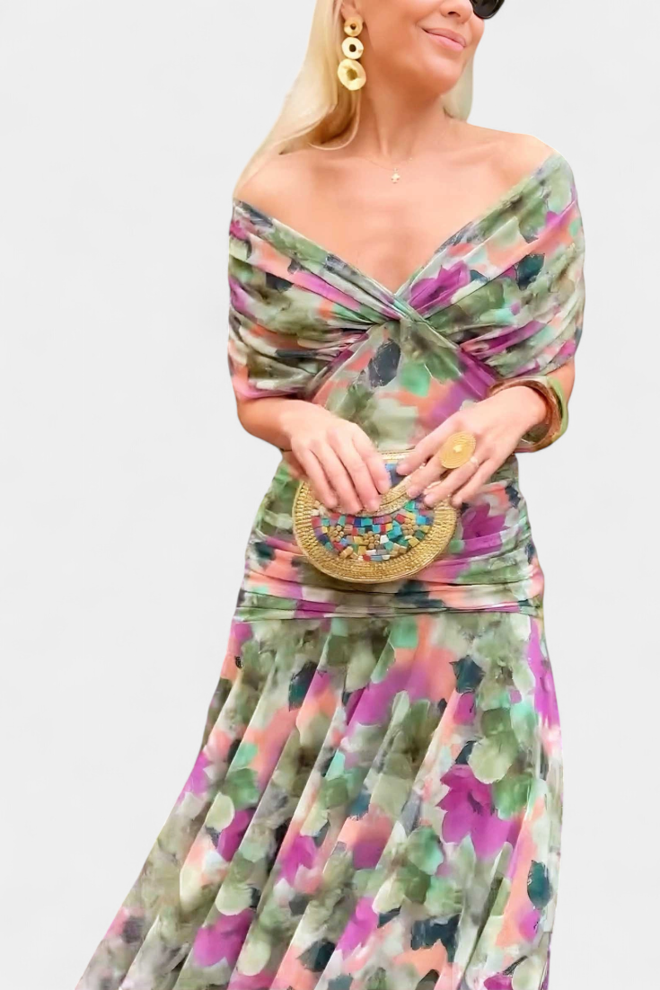 Women's Off-Shoulder Ruched Floral Midi Dress with Flowing Skirt - 9
