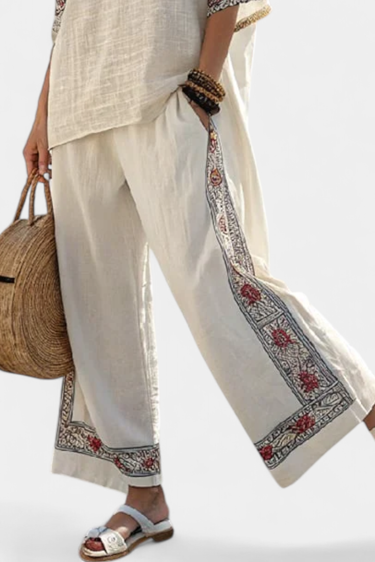 Women's Embroidered Blouse and Wide-Leg Trousers Set - 3