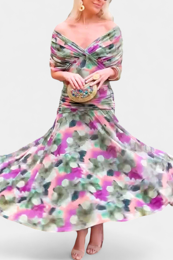 Women's Off-Shoulder Ruched Floral Midi Dress with Flowing Skirt - 4