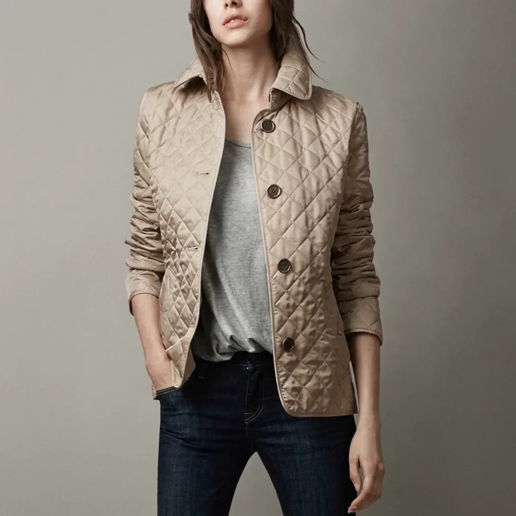 Women's Diamond Quilted Jacket with Stand Collar - Khaki