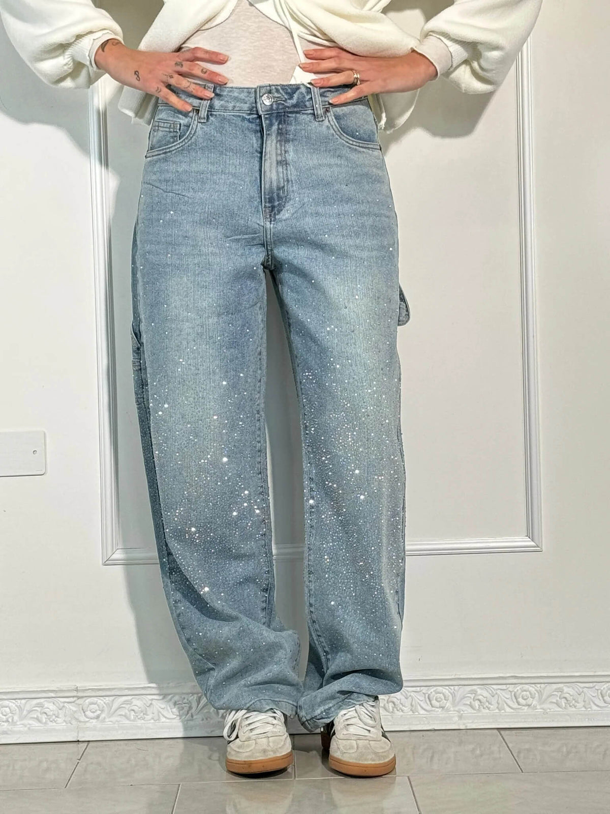 Women's Slim Jeans with Glossy Coated Finish - Light Blue