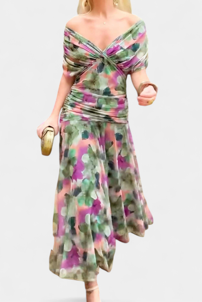 Women's Off-Shoulder Maxi Dress with V-Neck and Pleated Waist - 8
