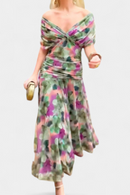 Women's Off-Shoulder Maxi Dress with V-Neck and Pleated Waist - 8
