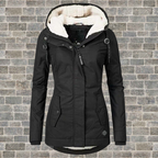 Women's Hooded Winter Coat with Fleece Lining and Fitted Cut - Black