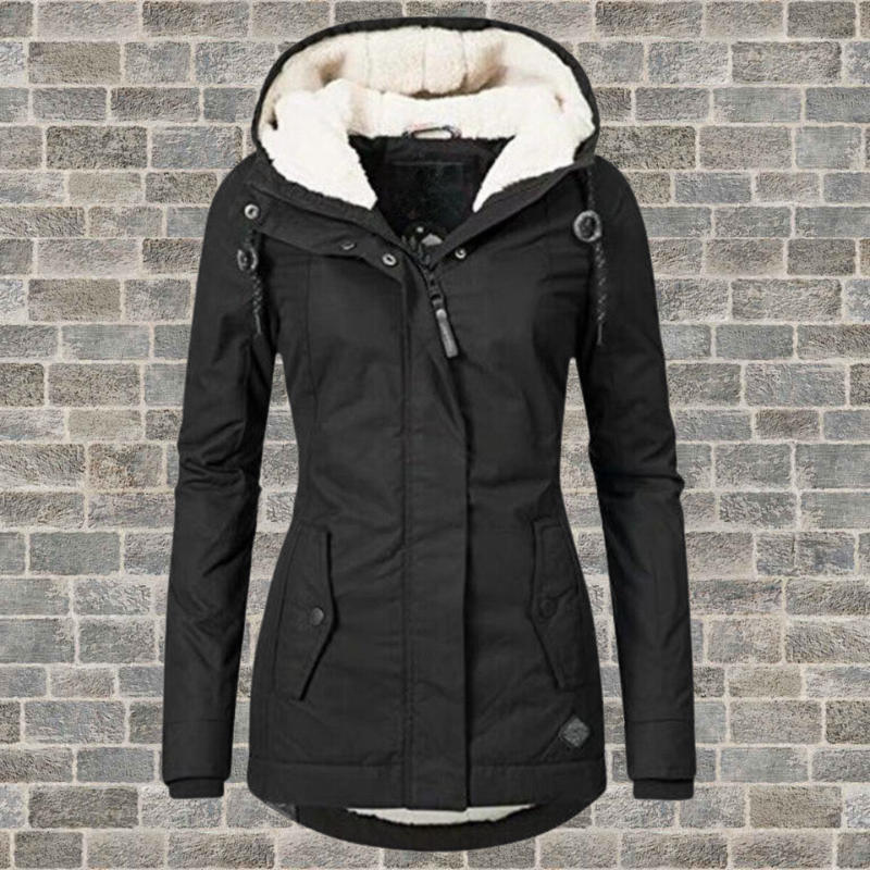 Women's Hooded Winter Coat with Fleece Lining and Fitted Cut - Black
