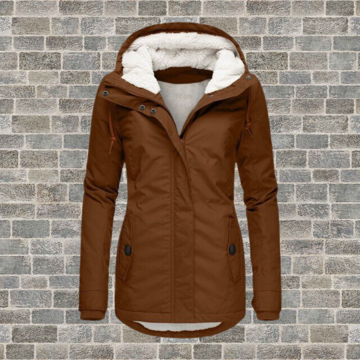 Women's Hooded Winter Coat with Fleece Lining and Fitted Cut - Brown