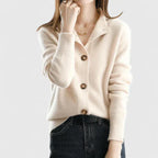 Women's Cardigan with Collar and Button Front - Beige
