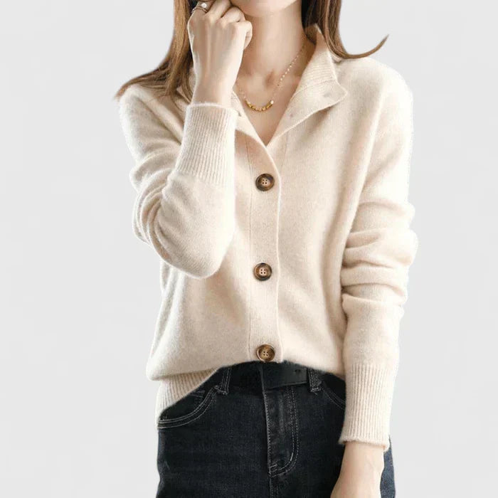 Women's Cardigan with Collar and Button Front - Beige