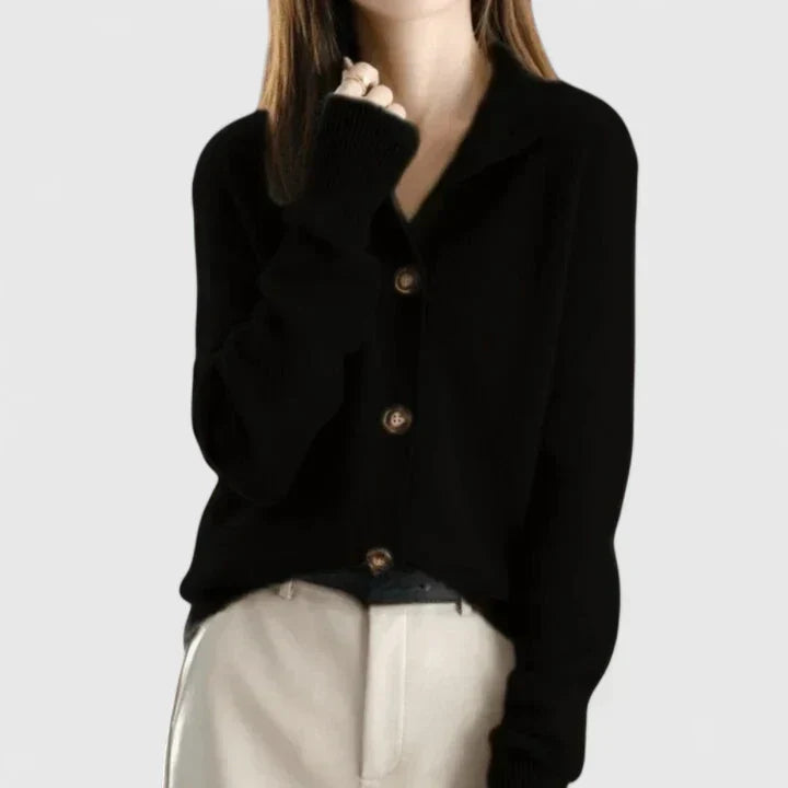 Women's Cardigan with Collar and Button Front - Black