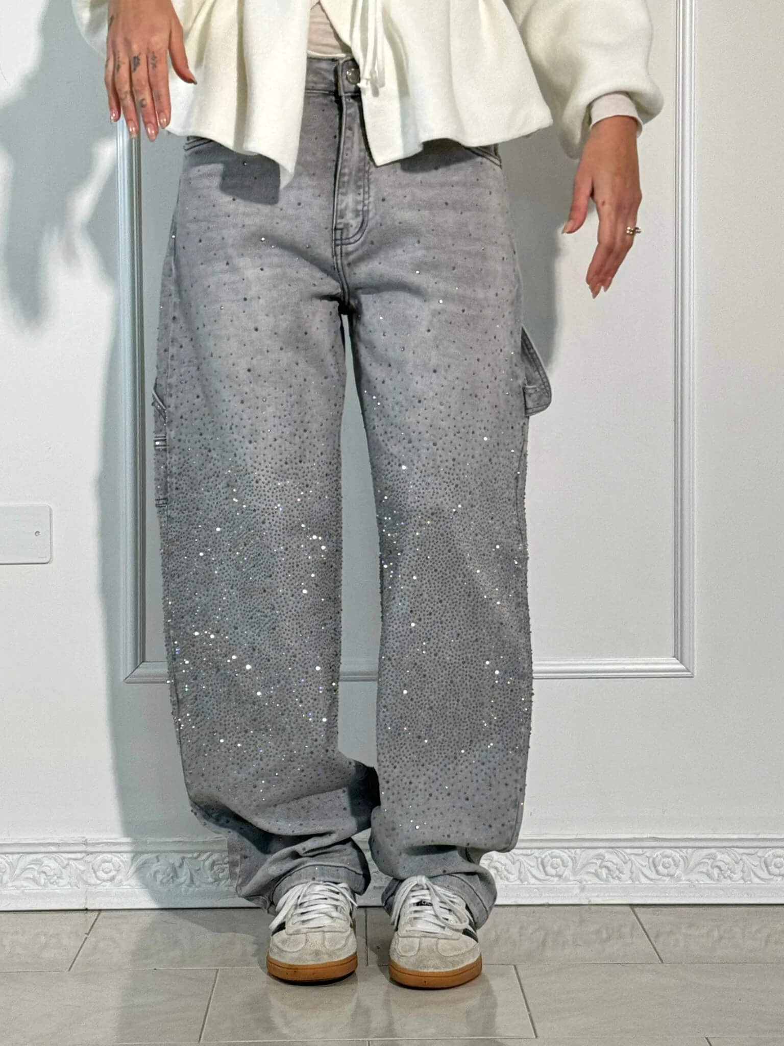 Women's Slim Jeans with Glossy Coated Finish - Grey