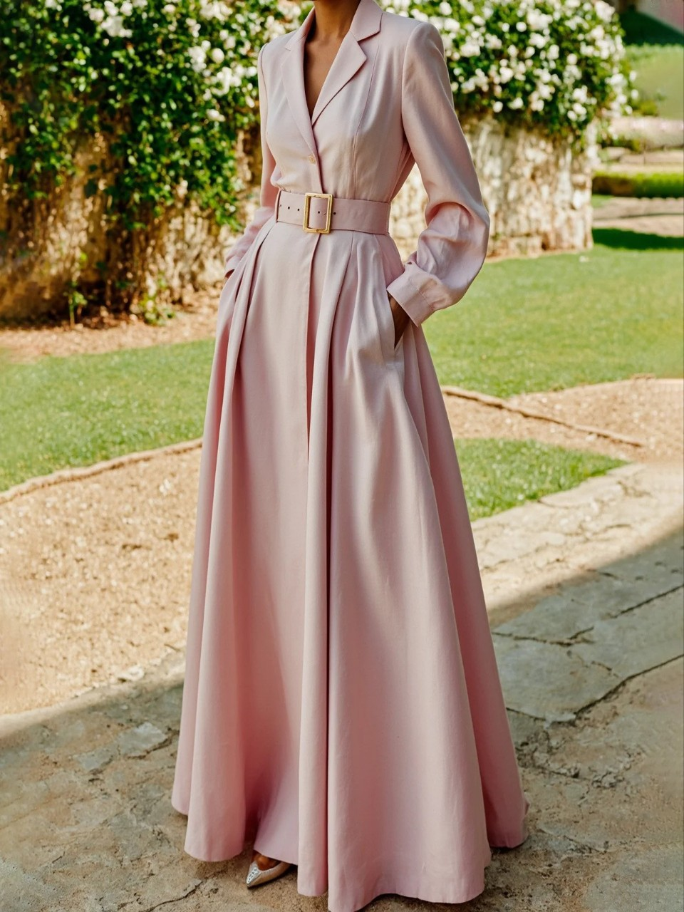 Women's Blazer Midi Dress Long Sleeve with Notched Collar and Pleated Skirt