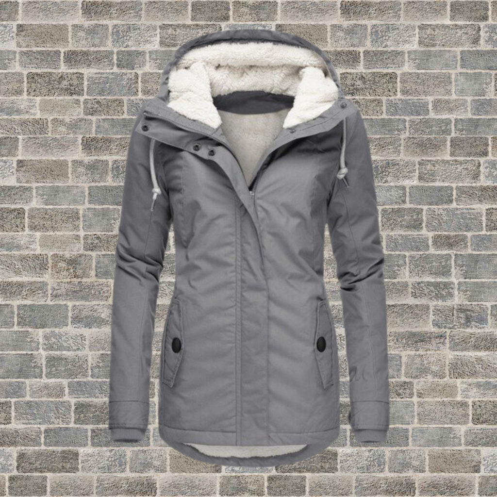 Women's Hooded Winter Coat with Fleece Lining and Fitted Cut - Grey