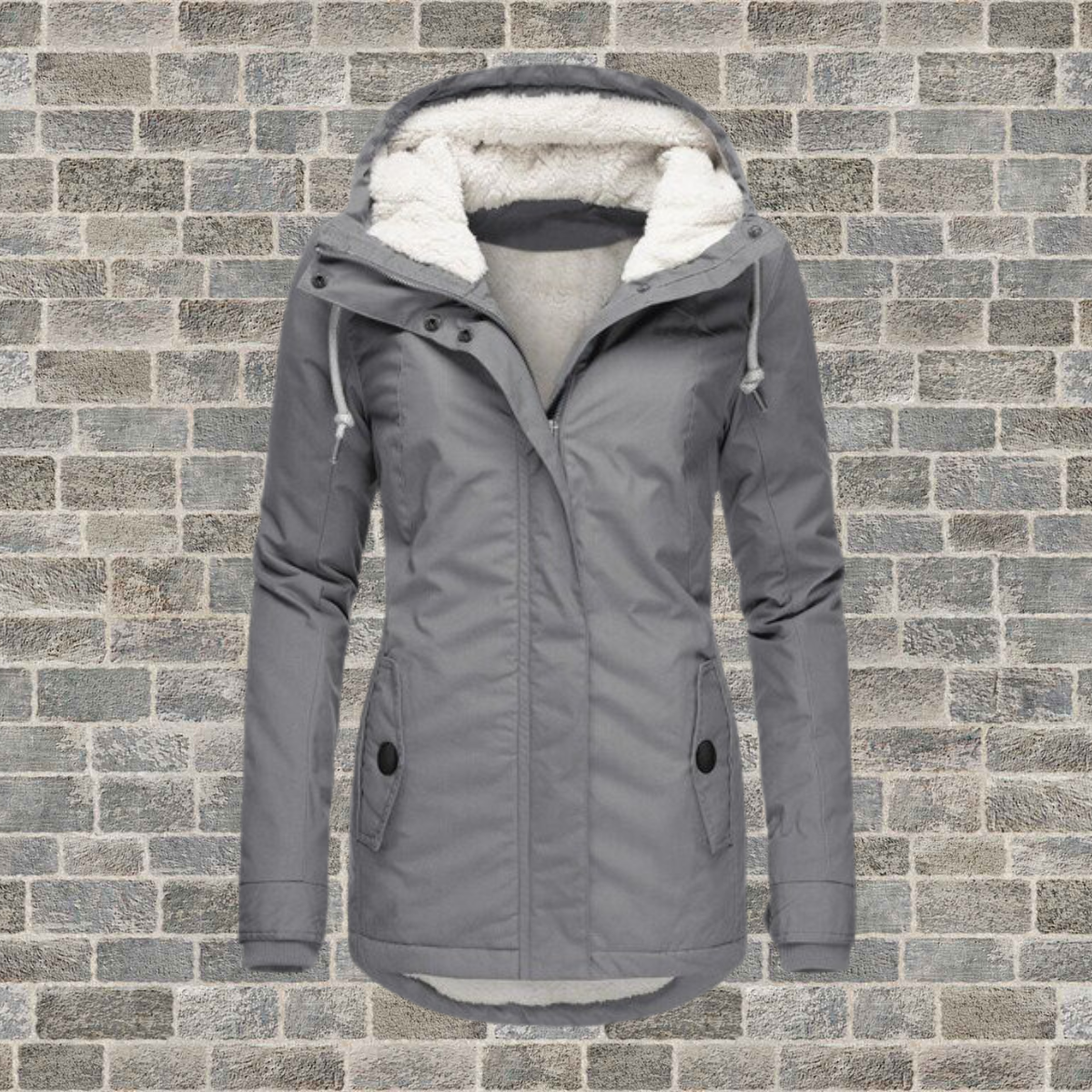 Women's Hooded Winter Coat with Fleece Lining and Fitted Cut - Grey