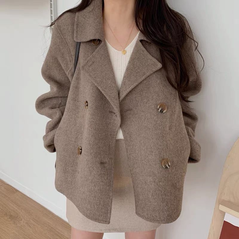 Women's Double-Breasted Blazer with Notched Lapel - Coffee