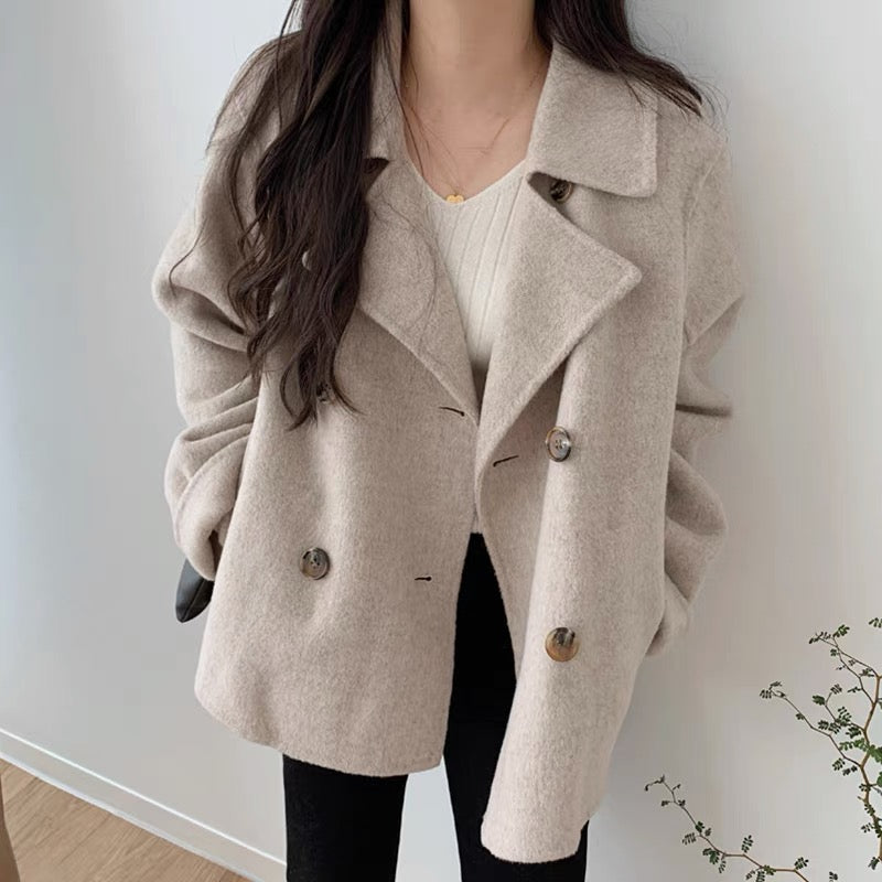 Women's Double-Breasted Blazer with Notched Lapel - Apricot
