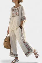 Women's Embroidered Blouse and Wide-Leg Trousers Set