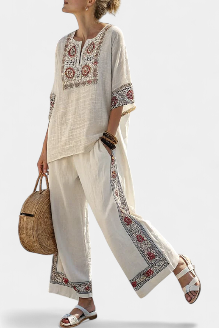 Women's Embroidered Blouse and Wide-Leg Trousers Set