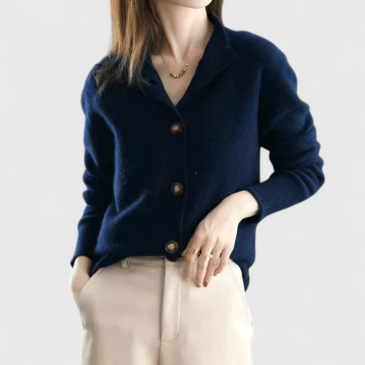 Women's Cardigan with Collar and Button Front - Dark blue
