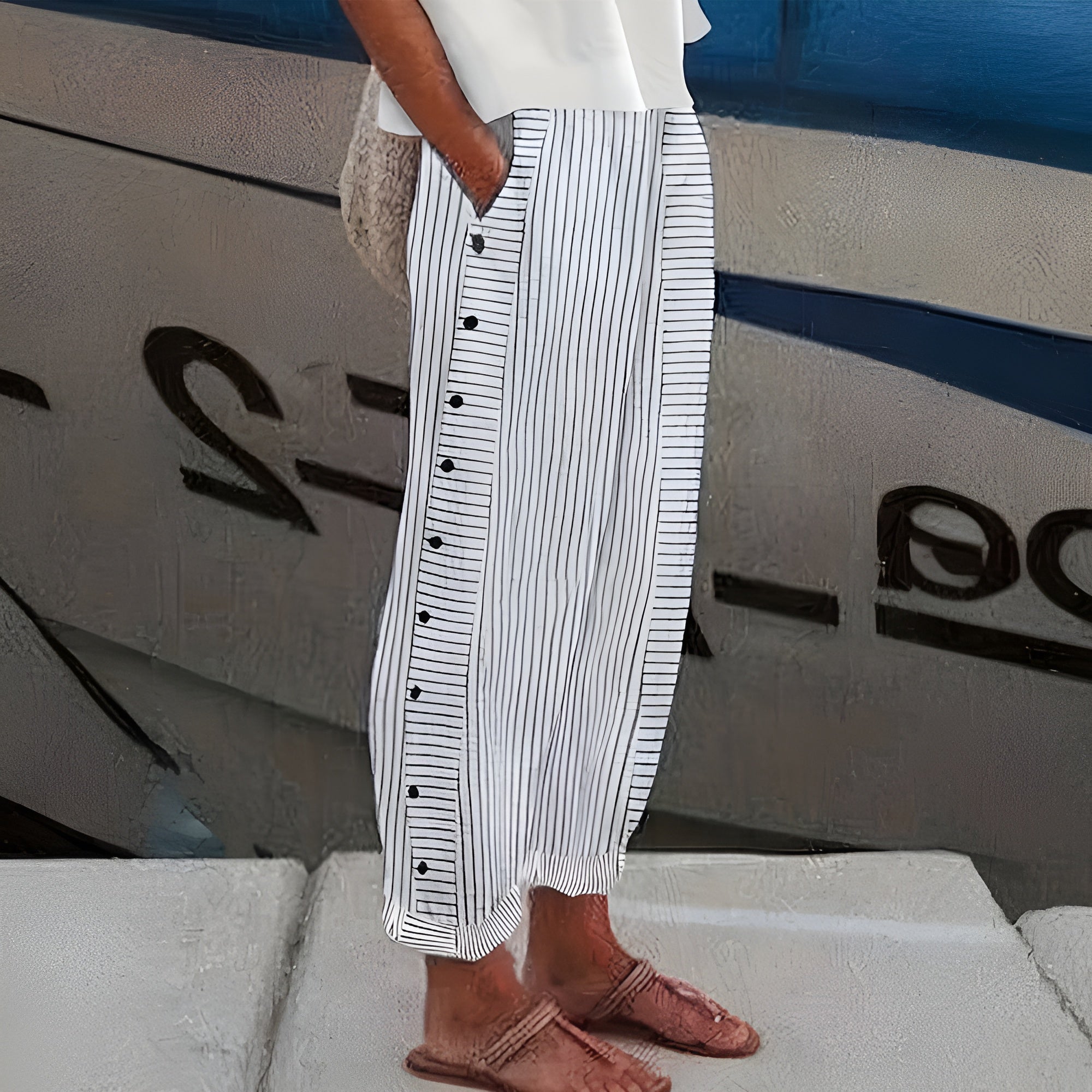 Women Striped Trousers with Side-Button Detail and Pockets - Gray