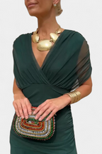 Women's Off-Shoulder Ruched Floral Midi Dress with Flowing Skirt - Green