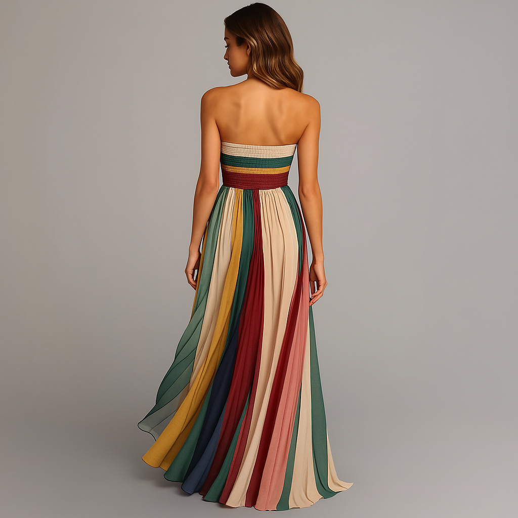 Women's Strapless Maxi Dress with Pleated Striped Design - 5