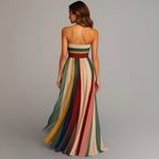 Women's Strapless Maxi Dress with Pleated Striped Design - 5