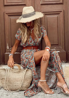 Women's Maxi Dress with V-Neck and Front Slit - 8