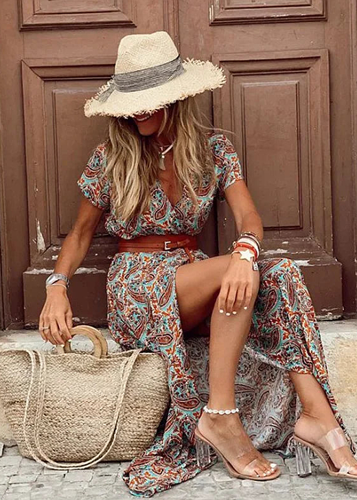 Women's Maxi Dress Short Sleeve V-Neck with Belt and Side Slit - 8