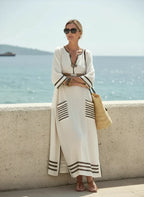 Women's Kaftan Maxi Dress with V-Neck and Striped Trim - 2