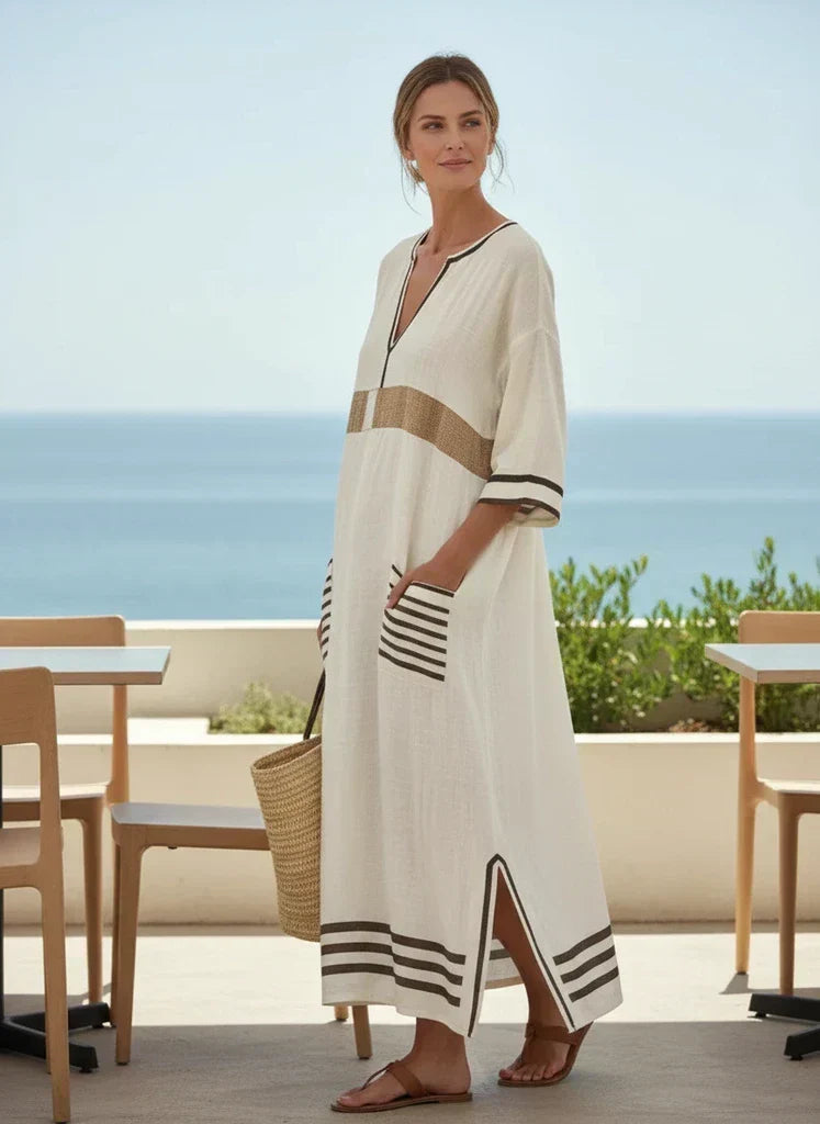 Women's Kaftan Maxi Dress with V-Neck and Striped Trim - 3