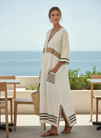 Women's Kaftan Maxi Dress with V-Neck and Striped Trim - 3