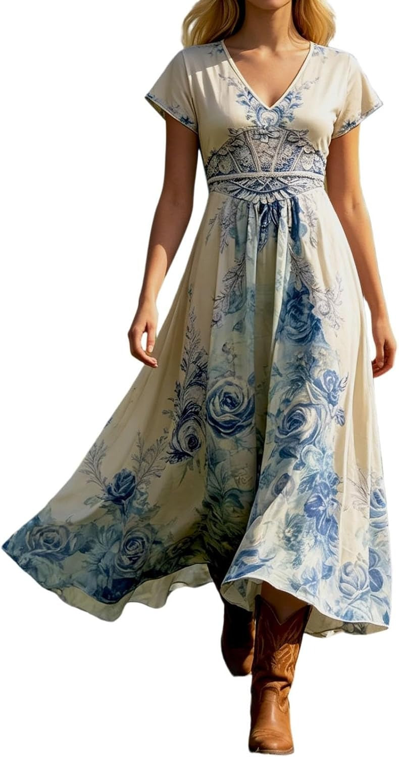 Women's Maxi Dress Short Sleeve with V-Neck and Floral Print - Beige
