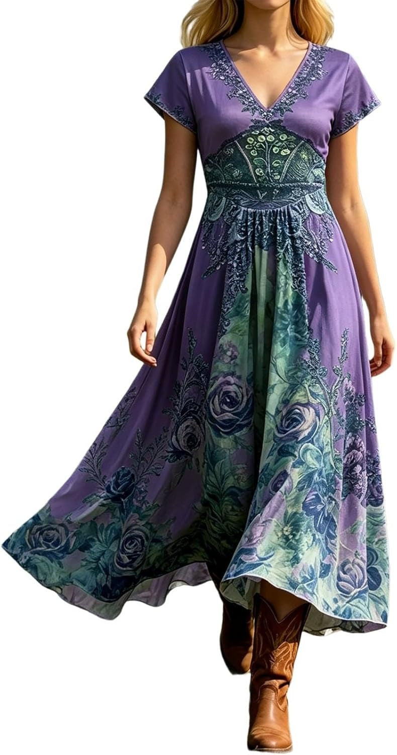 Women's Maxi Dress Short Sleeve with V-Neck and Floral Print - Purple