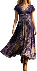 Women's Maxi Dress Short Sleeve with V-Neck and Floral Print - Khaki