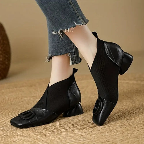 Women's Ankle Boots with Elastic Panel and Block Heel - Black