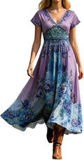 Women's Maxi Dress Short Sleeve with V-Neck and Floral Print - Blue