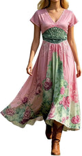 Women's Maxi Dress Short Sleeve with V-Neck and Floral Print - Pink