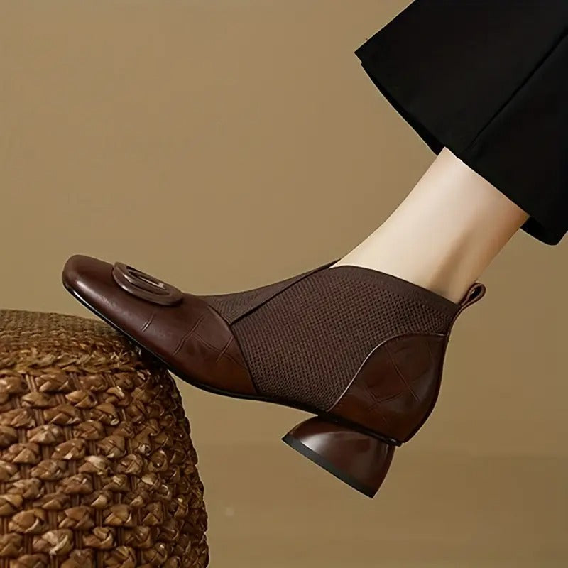 Women's Ankle Boots with Elastic Panel and Block Heel - Brown