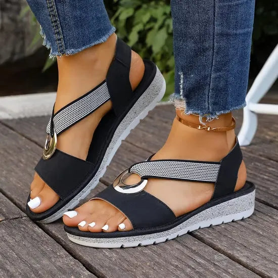 Women's Sandals with Elastic Straps and Wedge Sole - 11