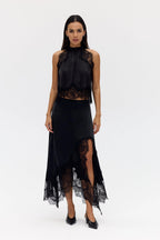 Women's Satin Lace-Trim Top and A-Line Slit Skirt Set - Black